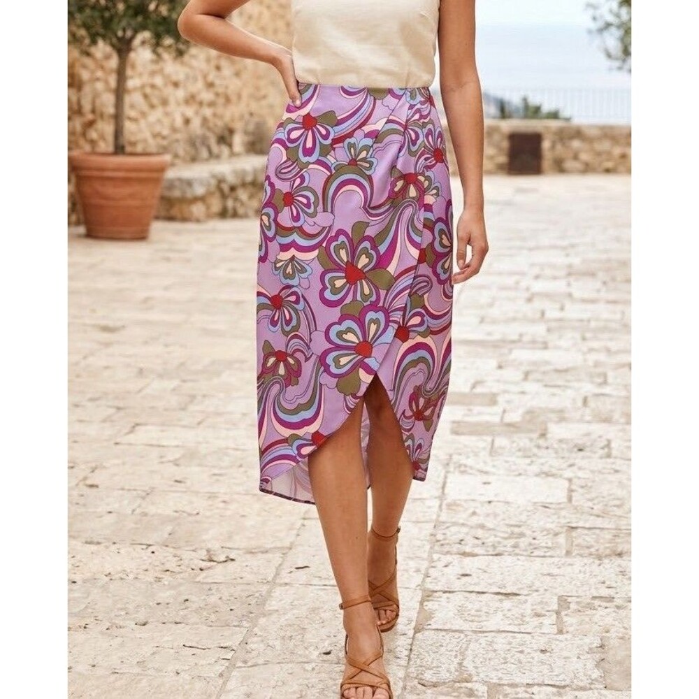 Urban Outfitters UO Y2K Groovy Geo Faux Wrap Skirt L Cotton Spandex Mod retro